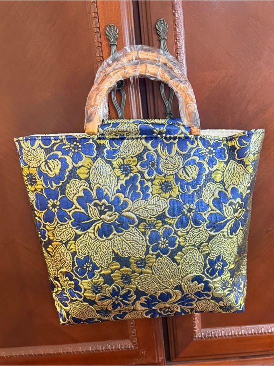 Boutique (no label) Handbags - Blue & Gold metalic Floral Tote Bag 
with Bambo inspired handles large 
Bag NWT